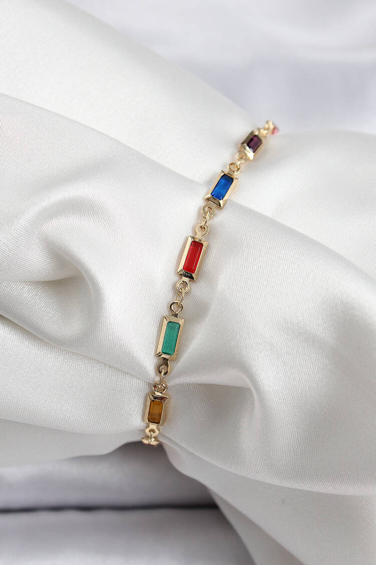 Brass Gold Color Mixed Color Square Zircon Stone Women's Bracelet - Brand: Ebijuteri - Women's Clothing Wholesale - Globality Store