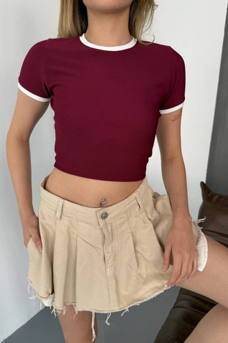 Claret Red Crop Top Slim Fit Short Sleeve