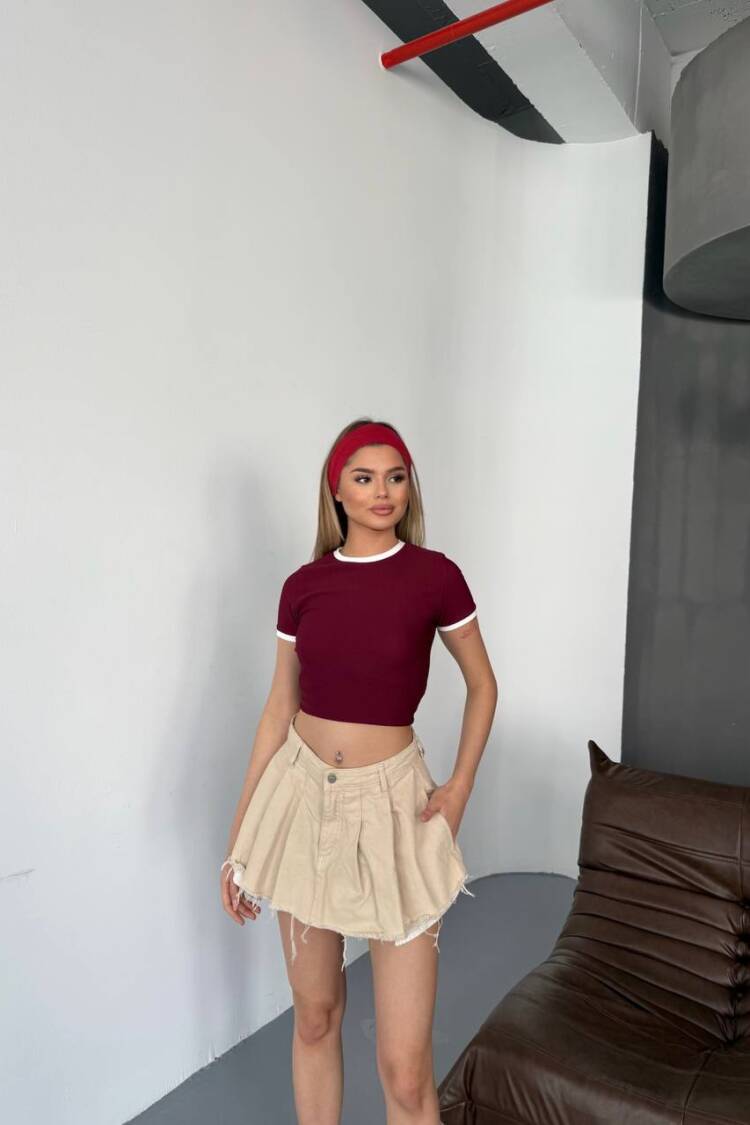 Claret Red Crop Top Slim Fit Short Sleeve
