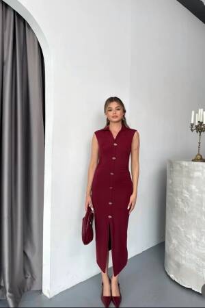 Claret Red Sleeveless Sheath Dress With Notched Neck - Brand: Ezgi Nisantasi - Women's Clothing Wholesale - Globality Store