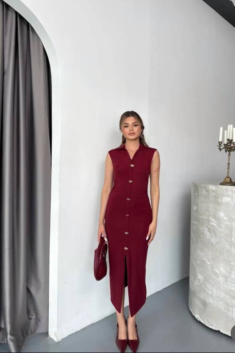 Claret Red Sleeveless Sheath Dress With Notched Neck - Brand: Ezgi Nisantasi - Women's Clothing Wholesale - Globality Store