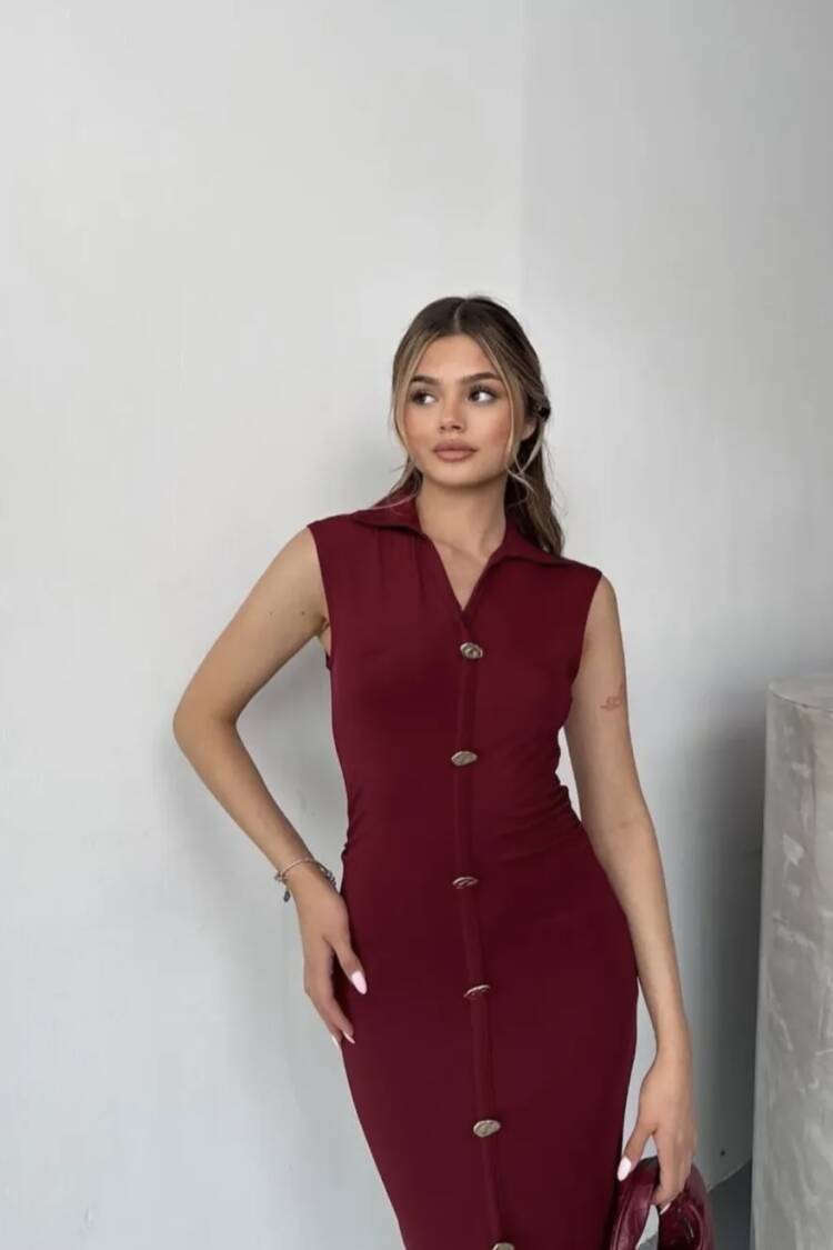 Claret Red Sleeveless Sheath Dress With Notched Neck