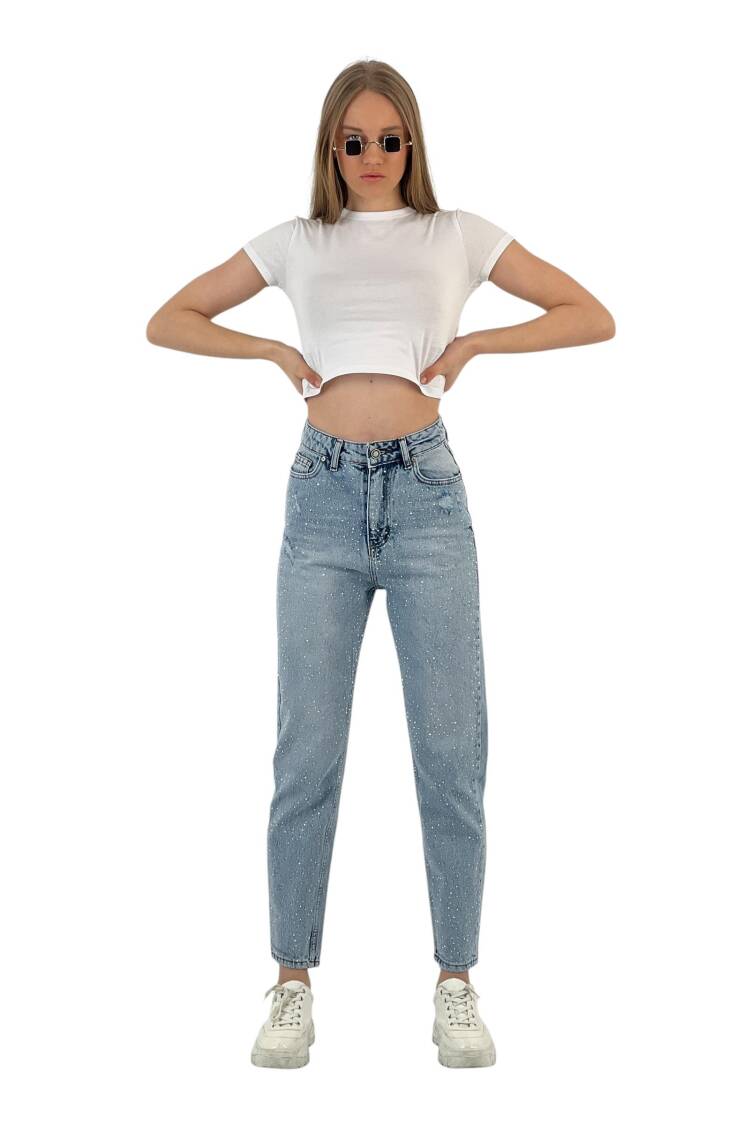 Blue Mom Jeans High Waist Straight Leg Buttoned