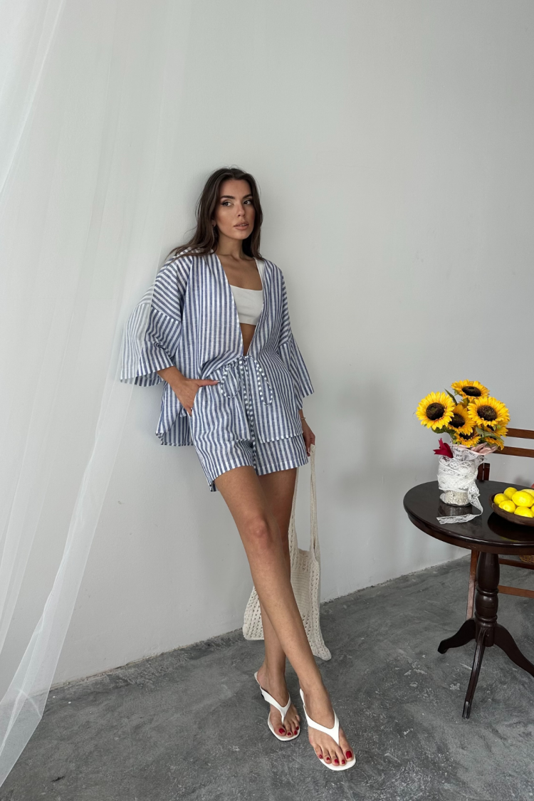 Blue Casual Striped Bermuda Set - Brand: Ello - Women's Clothing Wholesale - Globality Store