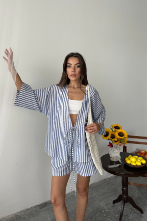 Blue Casual Striped Bermuda Set - Brand: Ello - Women's Clothing Wholesale - Globality Store
