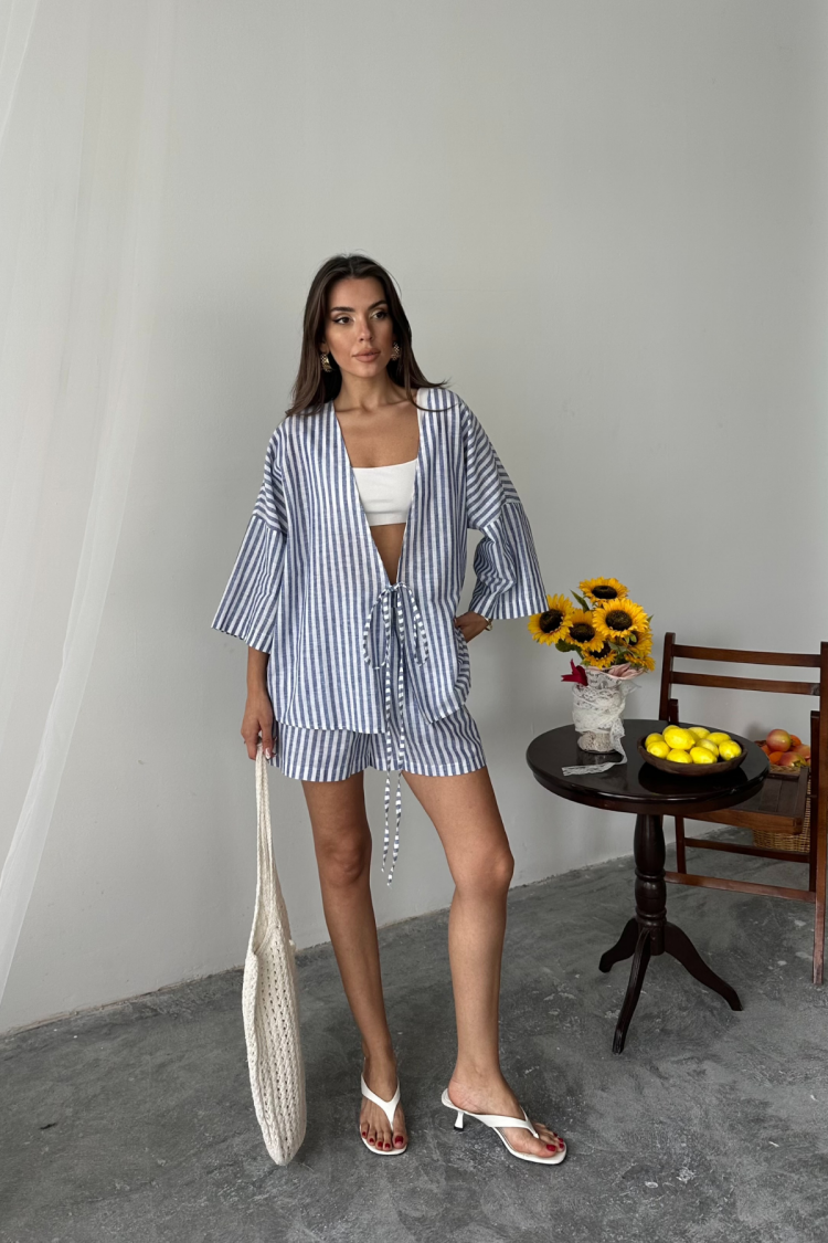 Blue Casual Striped Bermuda Set