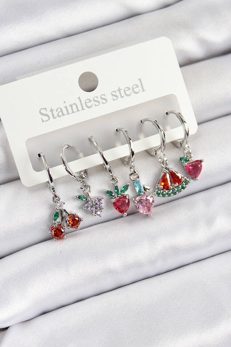 Brass Zircon Stone Watermelon Clover Heart Compass Mixed Pattern Silver Color Set Of 6 Women Earrings - Brand: Ebijuteri - Women's Clothing Wholesale - Globality Store
