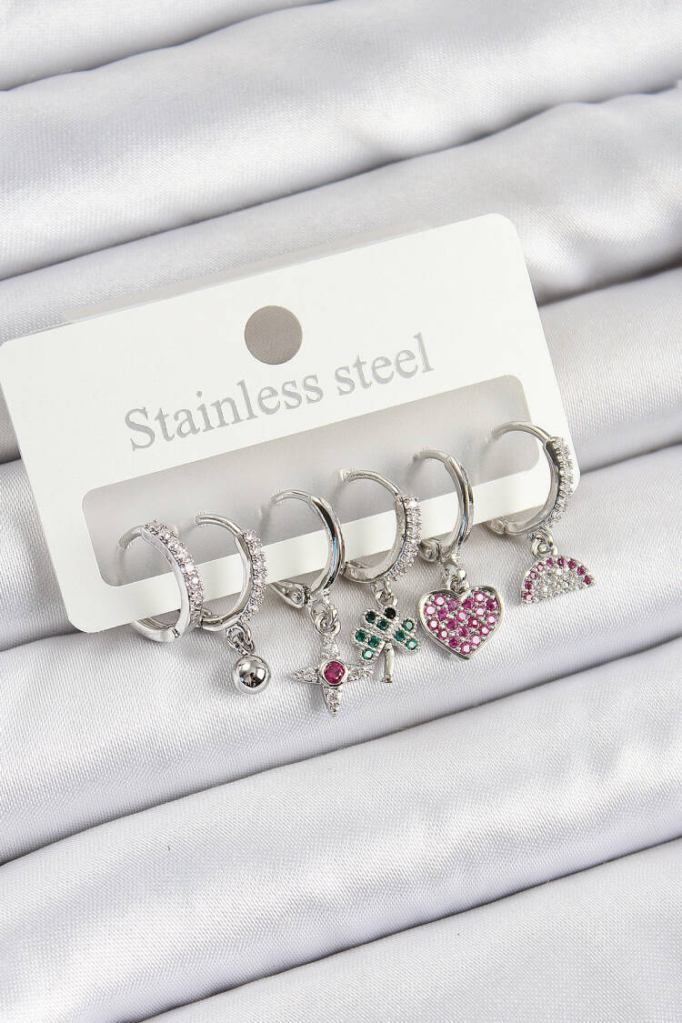Brass Zircon Stone Watermelon Clover Heart Compass Mixed Pattern Silver Color Set Of 6 Women Earrings - Brand: Ebijuteri - Women's Clothing Wholesale - Globality Store