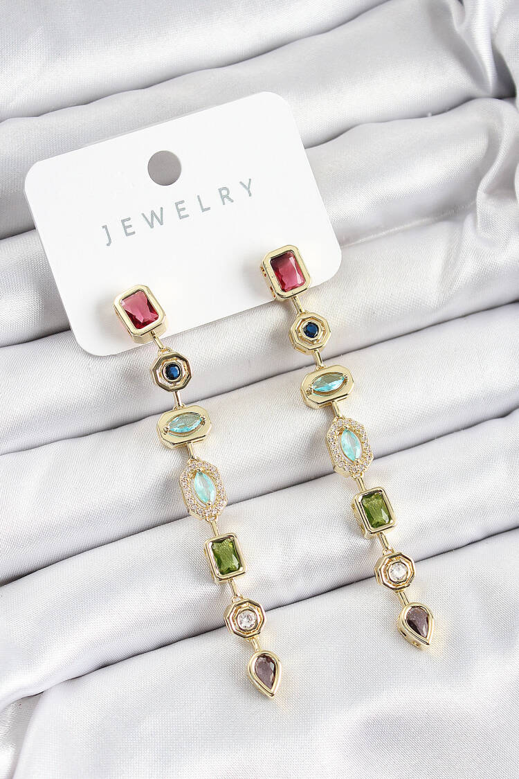 Brass Color Zircon Stone Rocking Pattern Gold Color Women's Earrings - Brand: Ebijuteri - Women's Clothing Wholesale - Globality Store