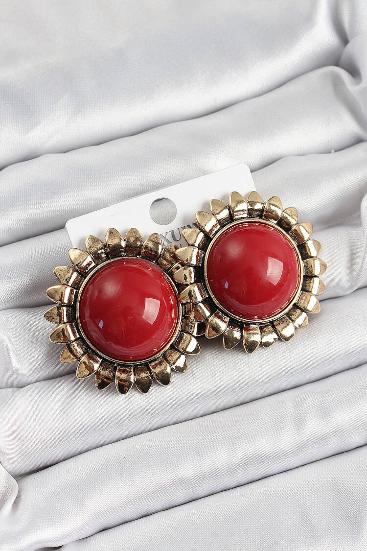 Brass Burgundy Vintage Model Gold Color Women's Earrings - Brand: Ebijuteri - Women's Clothing Wholesale - Globality Store