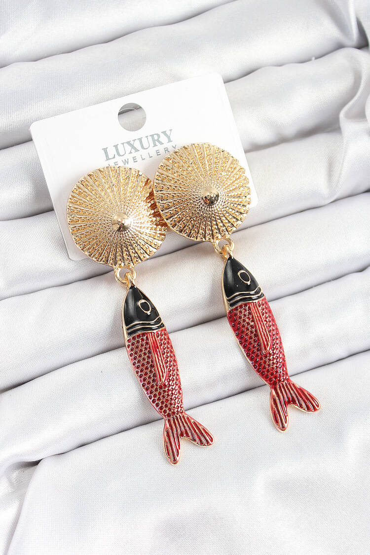 Brass Swinging Zircon Stone Red Black Fish Model Gold Color Women's Earrings - Brand: Ebijuteri - Women's Clothing Wholesale - Globality Store