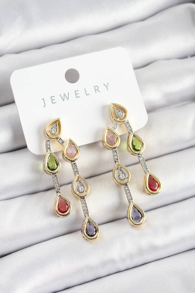 Brass Multiple Drop Pattern Contrast Zircon Stone Gold And Silver Color Women's Earrings - Brand: Ebijuteri - Women's Clothing Wholesale - Globality Store