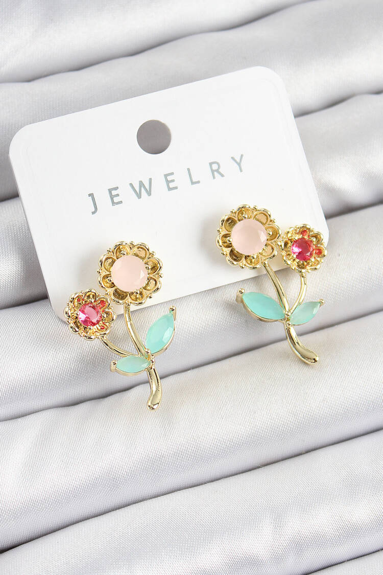 Brass Color Zircon Stone Daisy Model Gold Color Women Earrings - Brand: Ebijuteri - Women's Clothing Wholesale - Globality Store