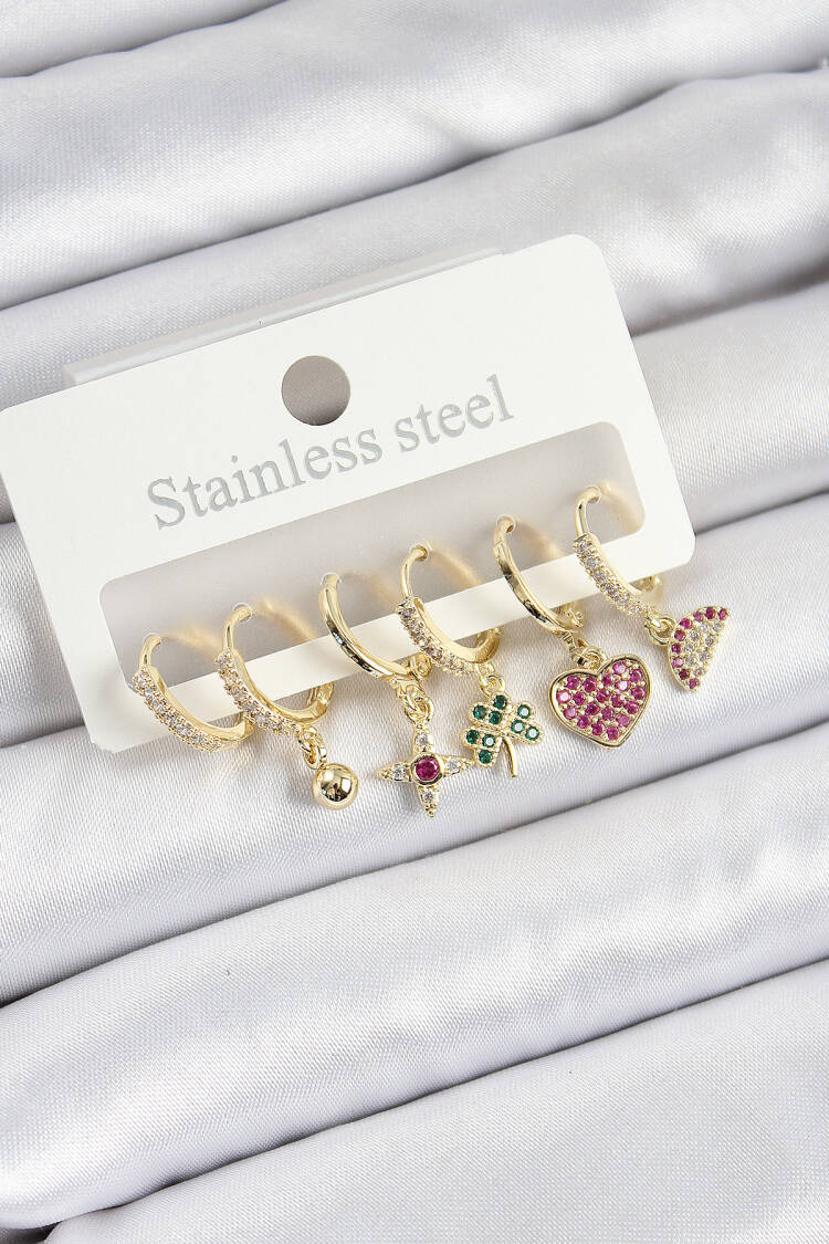 Brass Zircon Stone Watermelon Clover Heart Compass Mixed Pattern Gold Color Set Of 6 Women Earrings - Brand: Ebijuteri - Women's Clothing Wholesale - Globality Store