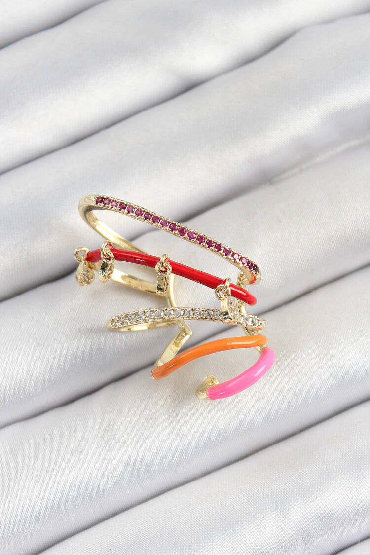 Red Orange Pink Compression Right Cartilage Gold Color Women's Earrings With Brass Zircon Stone - Brand: Ebijuteri - Women's Clothing Wholesale - Globality Store