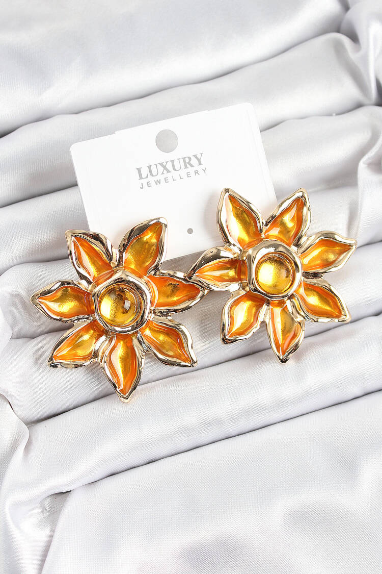 Brass Enamel Flaming Flower Pattern Gold Color Women's Earrings - Brand: Ebijuteri - Women's Clothing Wholesale - Globality Store