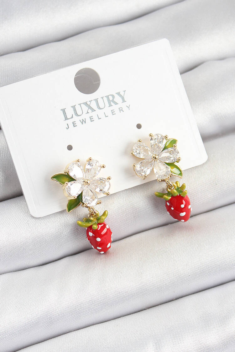 Brass Enameled Zircon Stone Flower Pattern Swinging Strawberry Detailed Gold Color Women's Earrings - Brand: Ebijuteri - Women's Clothing Wholesale - Globality Store