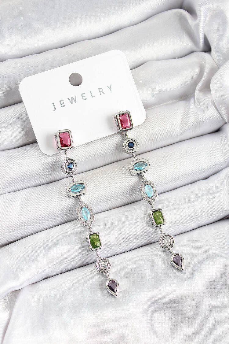 Brass Color Zircon Stone Rocking Pattern Silver Color Women's Earrings - Brand: Ebijuteri - Women's Clothing Wholesale - Globality Store