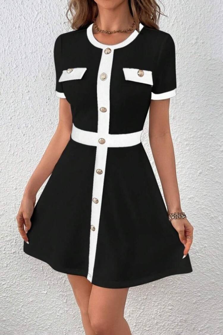 Black Elegant A-Line Mini Dress With Short Sleeves