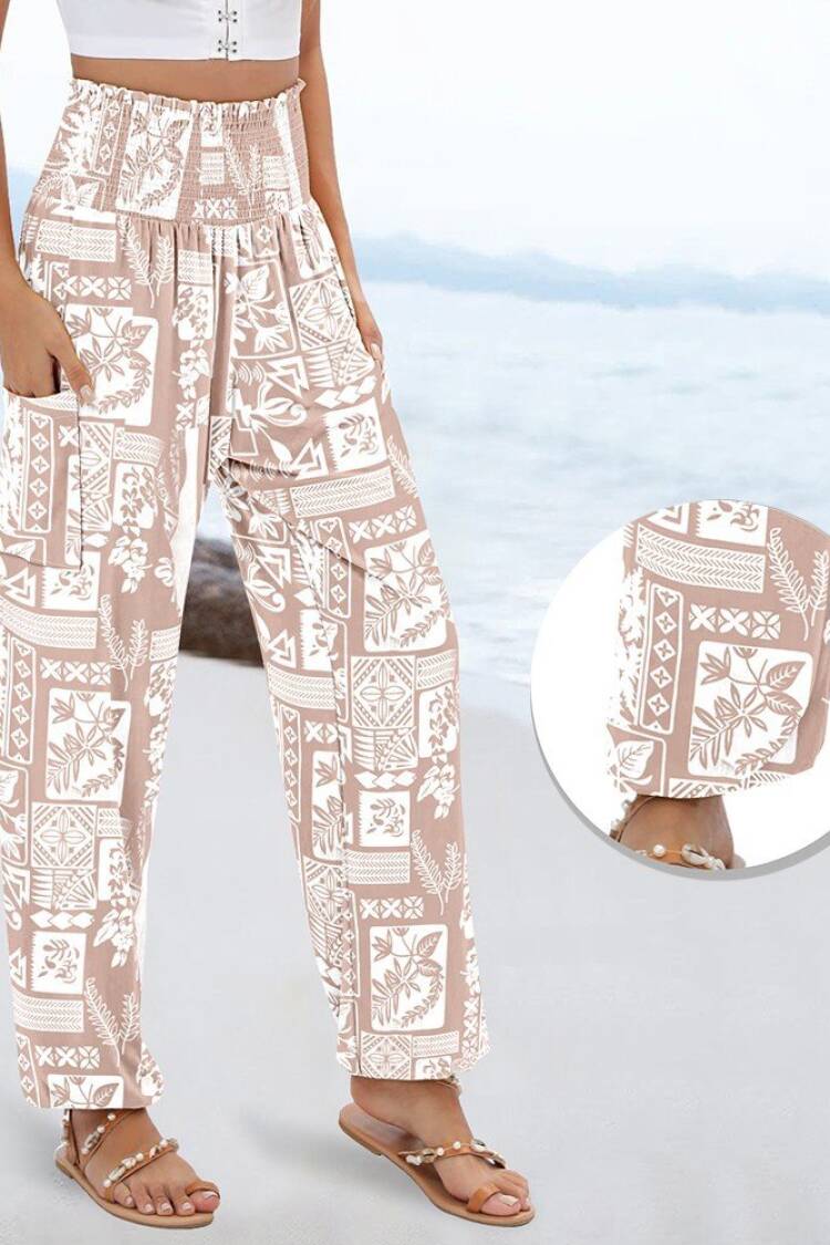 Beige Parachute Pants With Floral & Geometric Patterns - Brand: Janes - Women's Clothing Wholesale - Globality Store