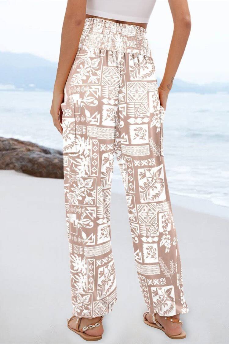 Beige Parachute Pants With Floral & Geometric Patterns