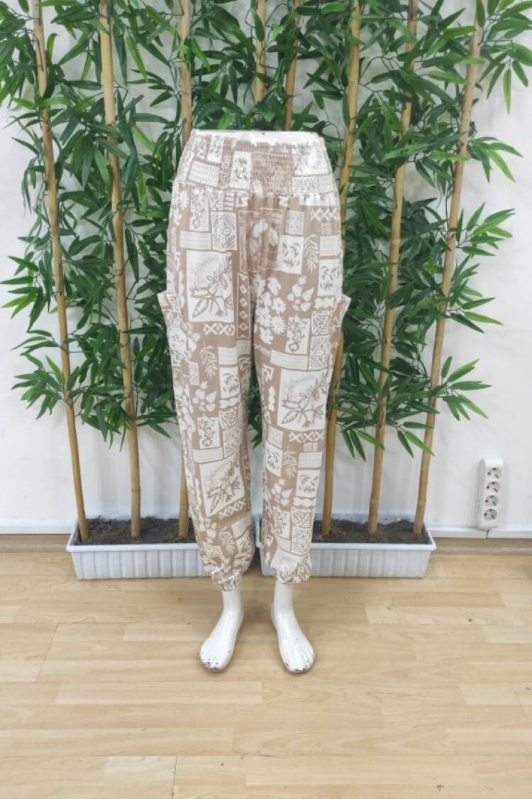 Beige Parachute Pants With Floral & Geometric Patterns