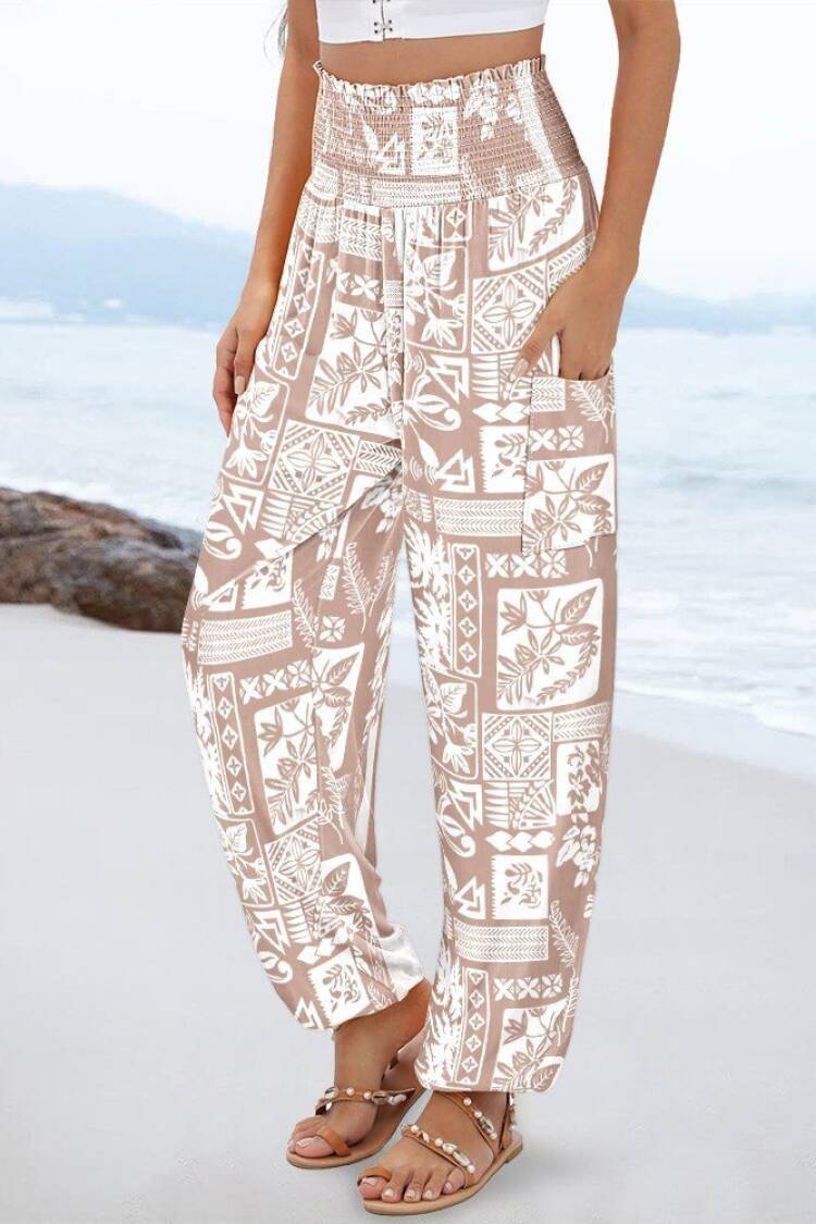 Beige Parachute Pants With Floral & Geometric Patterns