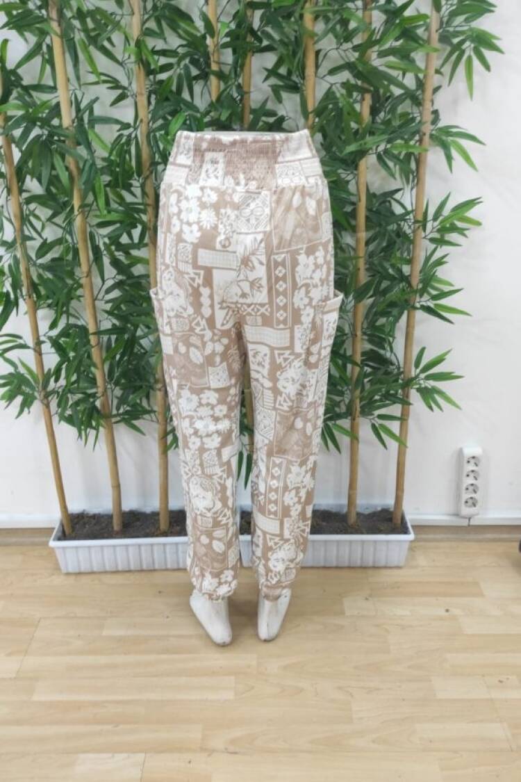 Beige Parachute Pants With Floral & Geometric Patterns