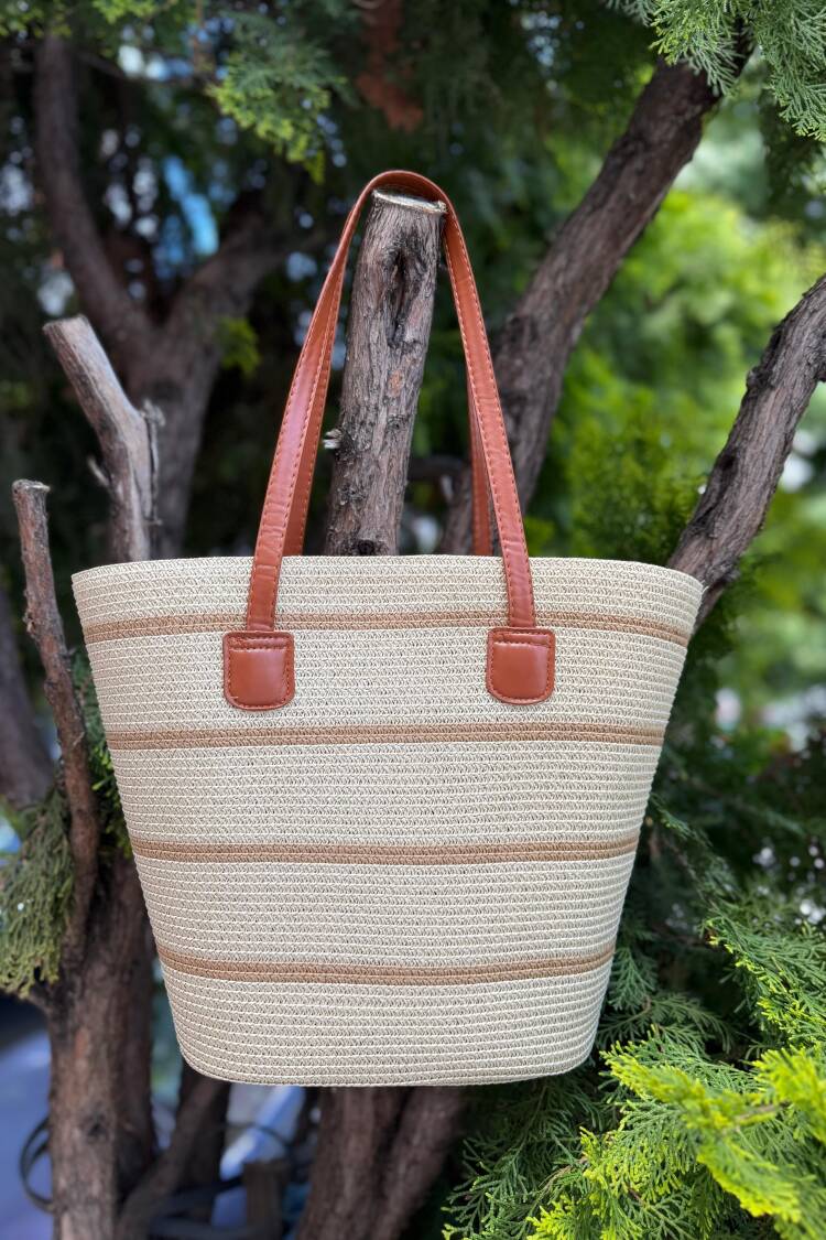 Striped Beige Straw Bag - Brand: Axesoire - Women's Clothing Wholesale - Globality Store