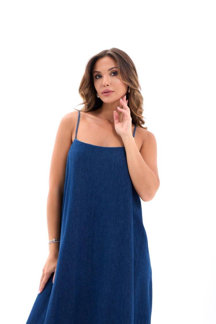 Blue Maxi Slip Dress With Square Neck