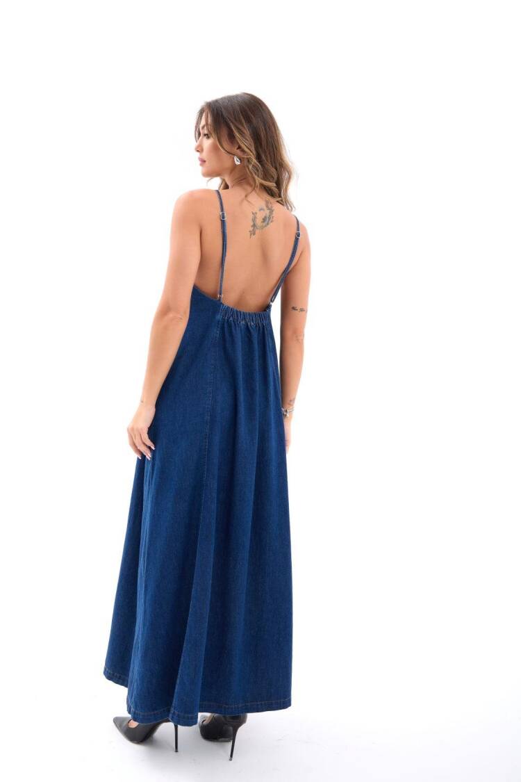 Blue Maxi Slip Dress With Square Neck