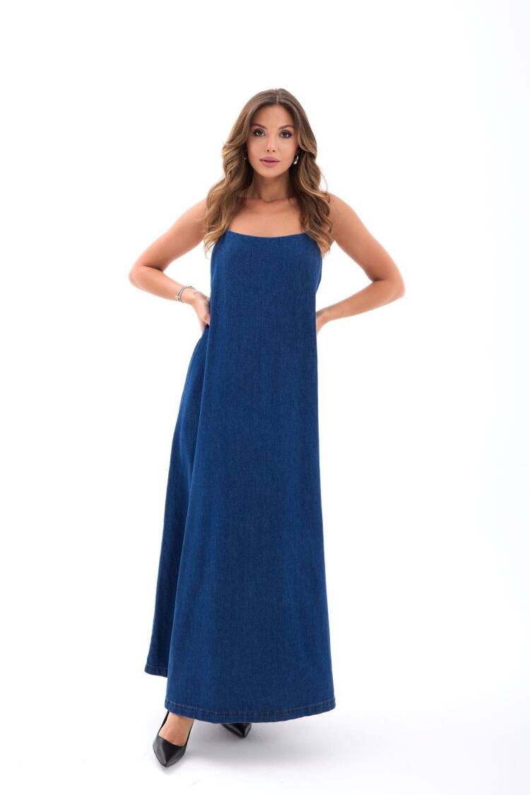 Blue Maxi Slip Dress With Square Neck