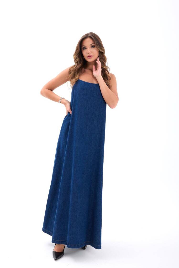 Blue Maxi Slip Dress With Square Neck - Brand: Fame - Women's Clothing Wholesale - Globality Store