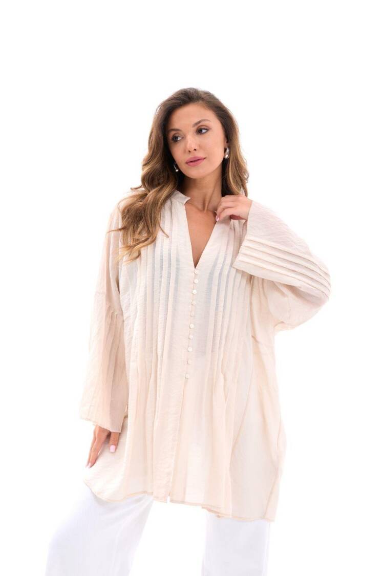 Beige Boho Oversized Shirt With Keyhole Neck