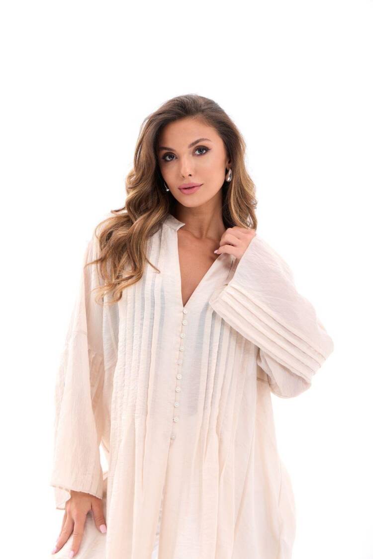 Beige Boho Oversized Shirt With Keyhole Neck