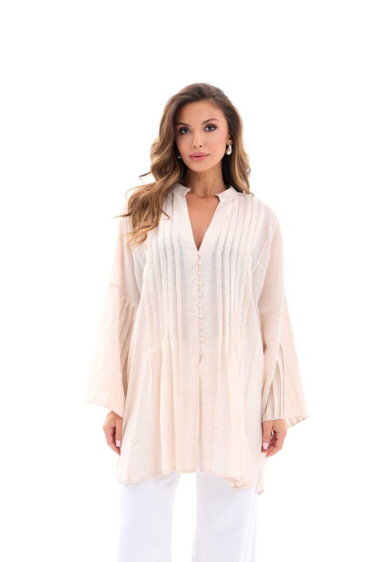 Beige Boho Oversized Shirt With Keyhole Neck - Brand: Fame - Women's Clothing Wholesale - Globality Store