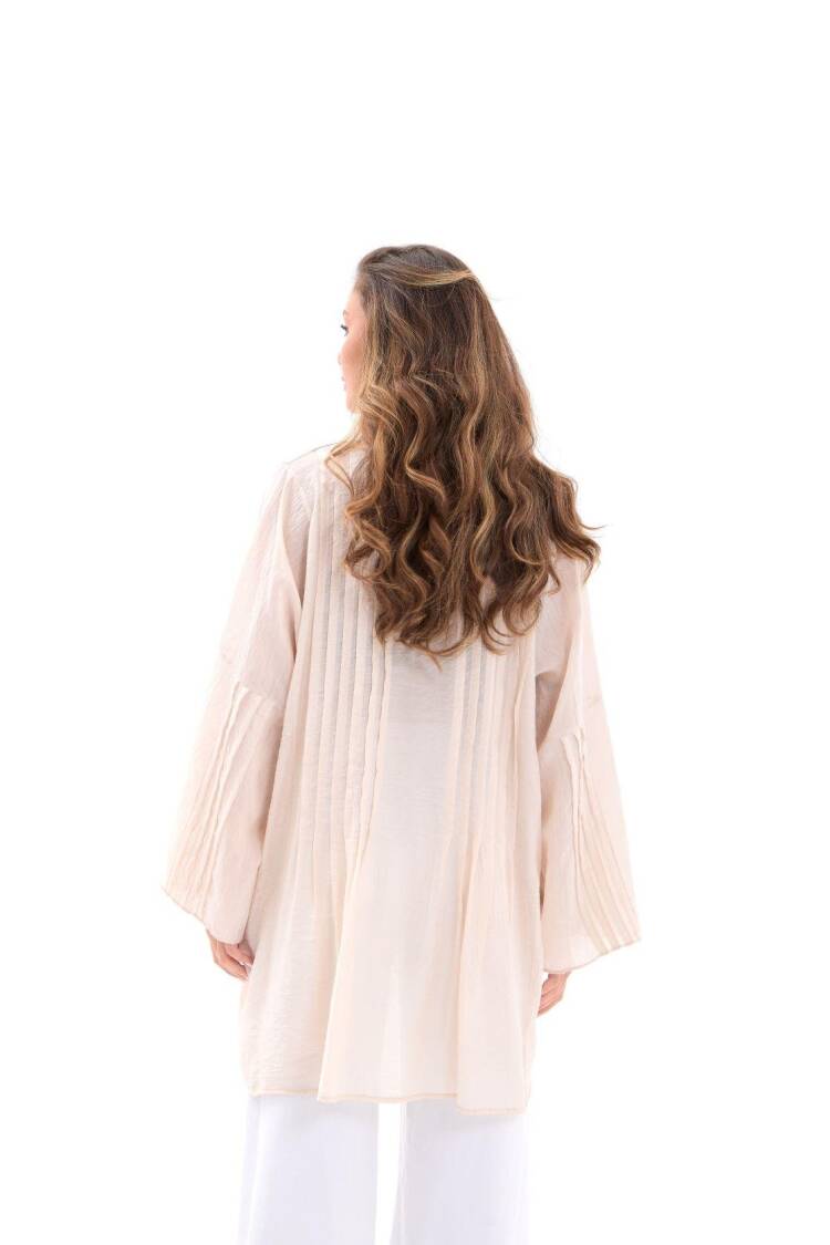Beige Boho Oversized Shirt With Keyhole Neck
