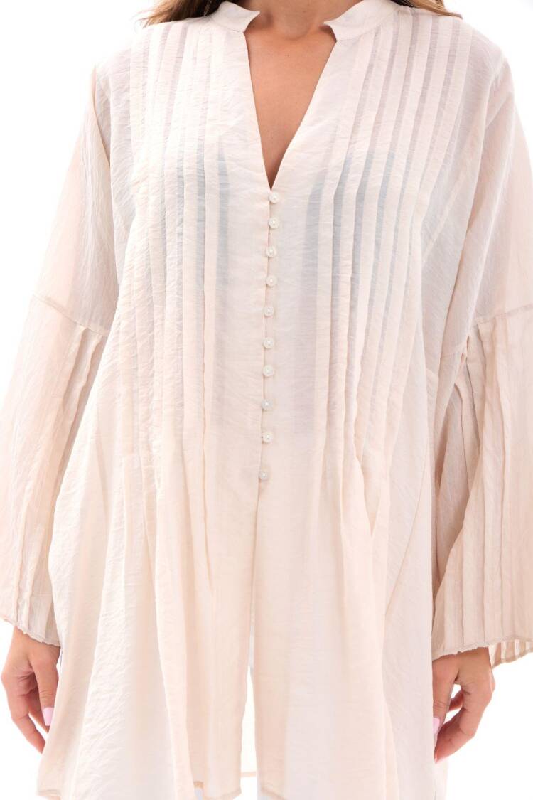 Beige Boho Oversized Shirt With Keyhole Neck