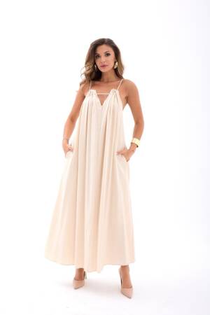 Beige Elegant Maxi Slip Dress With V-Neck - Brand: Fame - Women's Clothing Wholesale - Globality Store