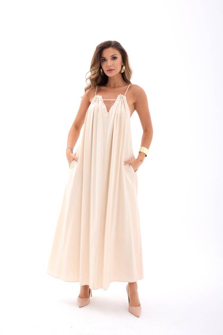 Beige Elegant Maxi Slip Dress With V-Neck - Brand: Fame - Women's Clothing Wholesale - Globality Store