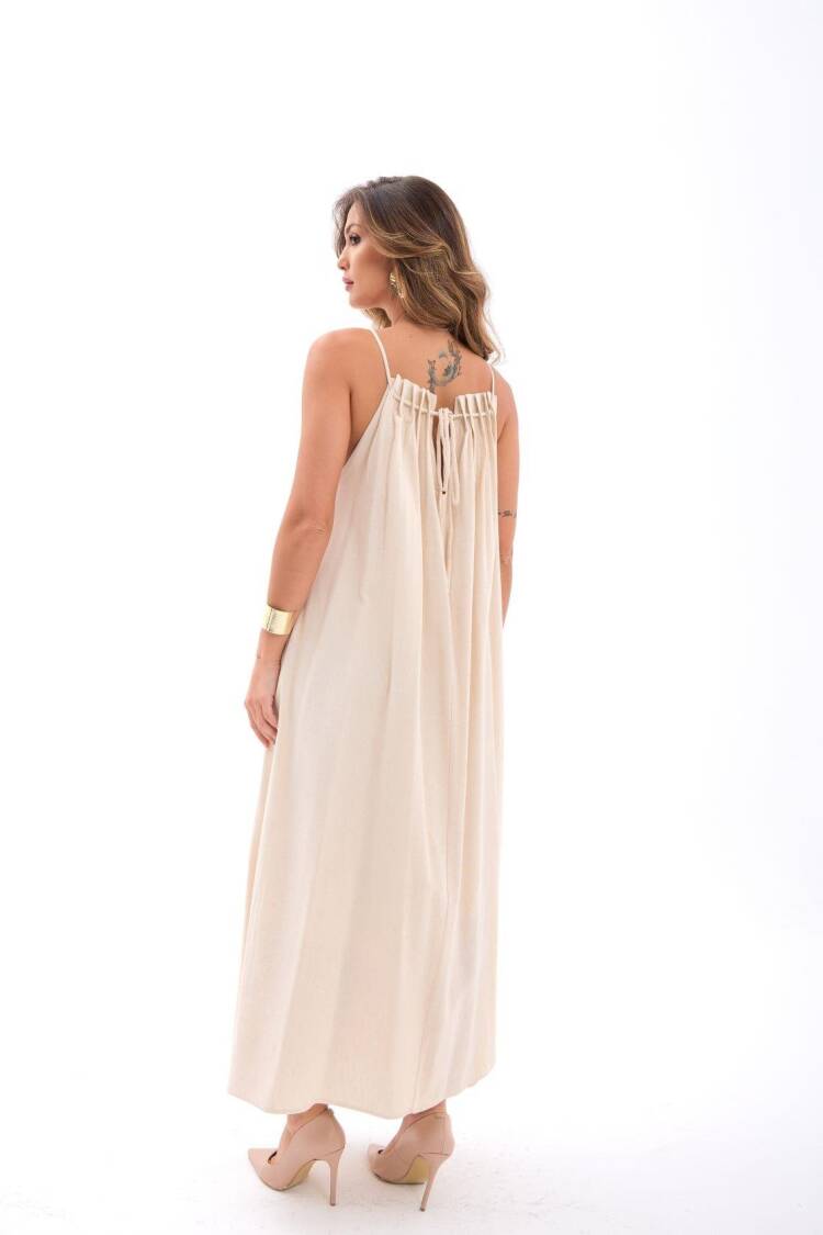 Beige Elegant Maxi Slip Dress With V-Neck