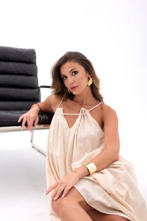 Beige Elegant Maxi Slip Dress With V-Neck - Brand: Fame - Women's Clothing Wholesale - Globality Store