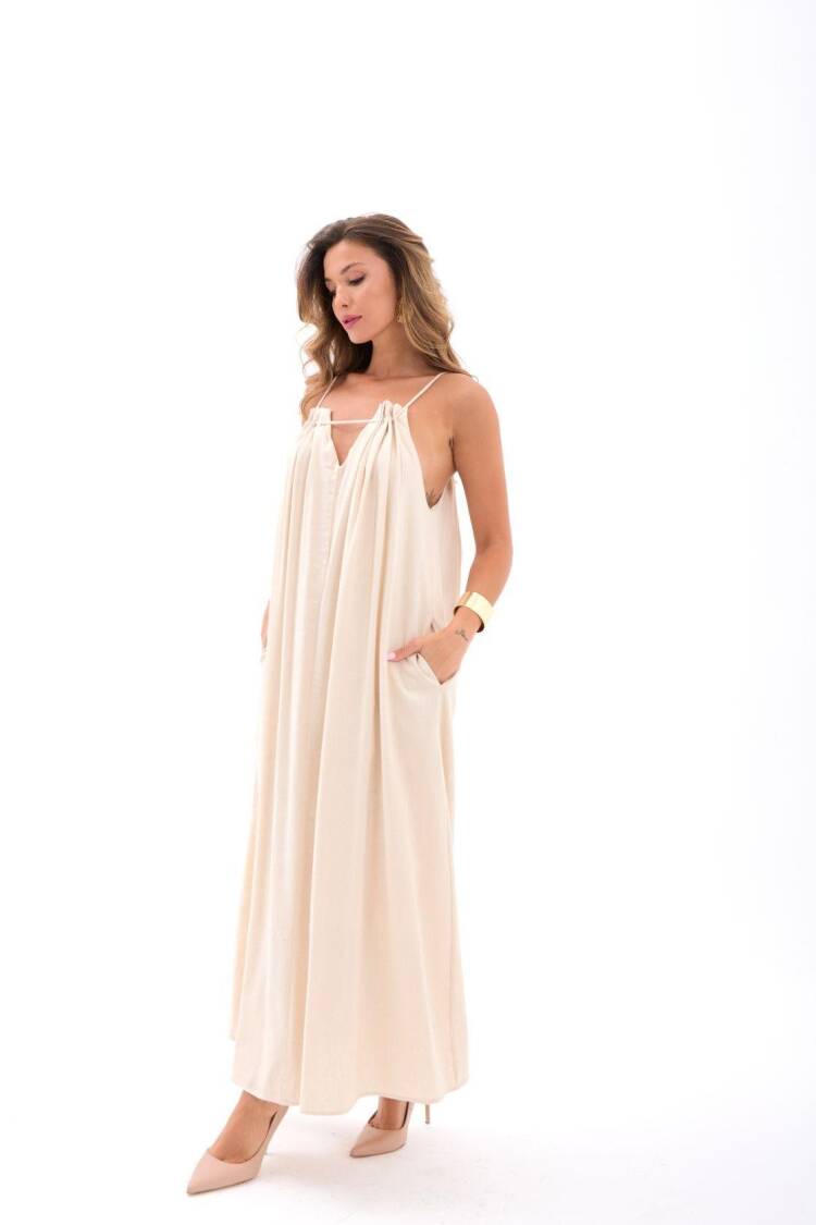 Beige Elegant Maxi Slip Dress With V-Neck
