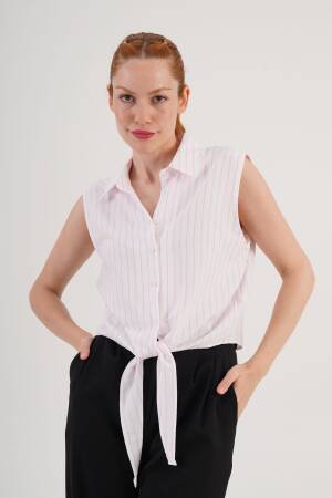 White Striped Casual Shirt With Notched Neck - Brand: Lustrin - Women's Clothing Wholesale - Globality Store
