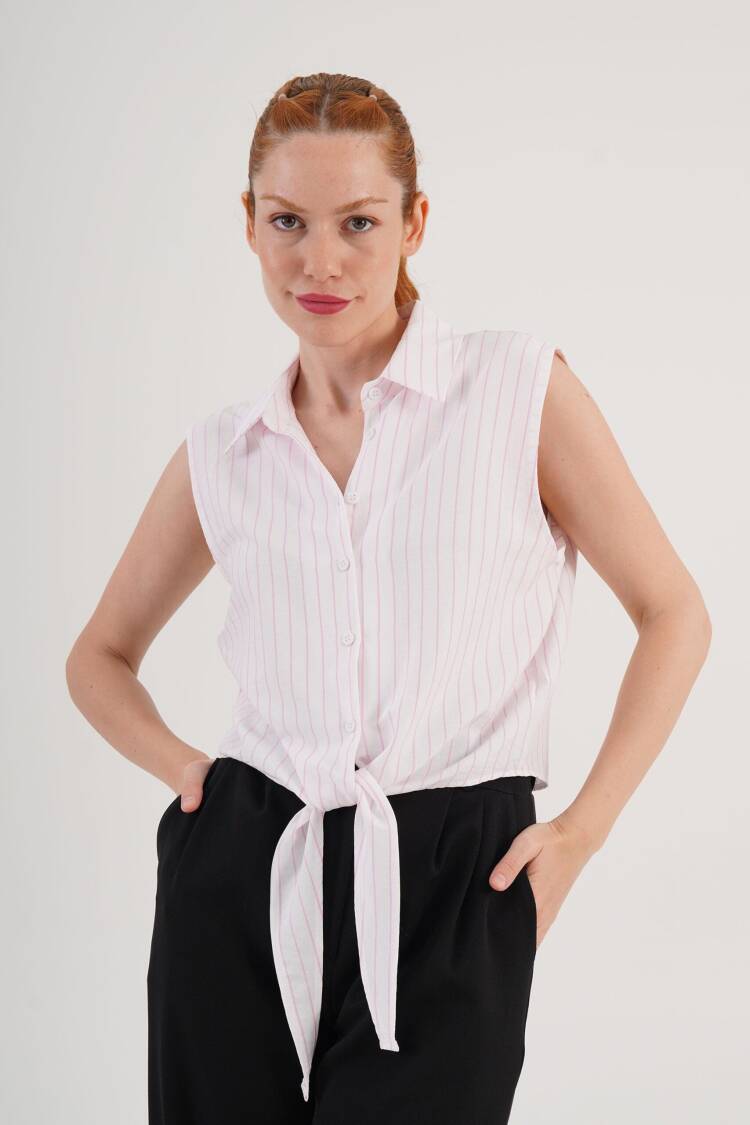 White Striped Casual Shirt With Notched Neck - Brand: Lustrin - Women's Clothing Wholesale - Globality Store