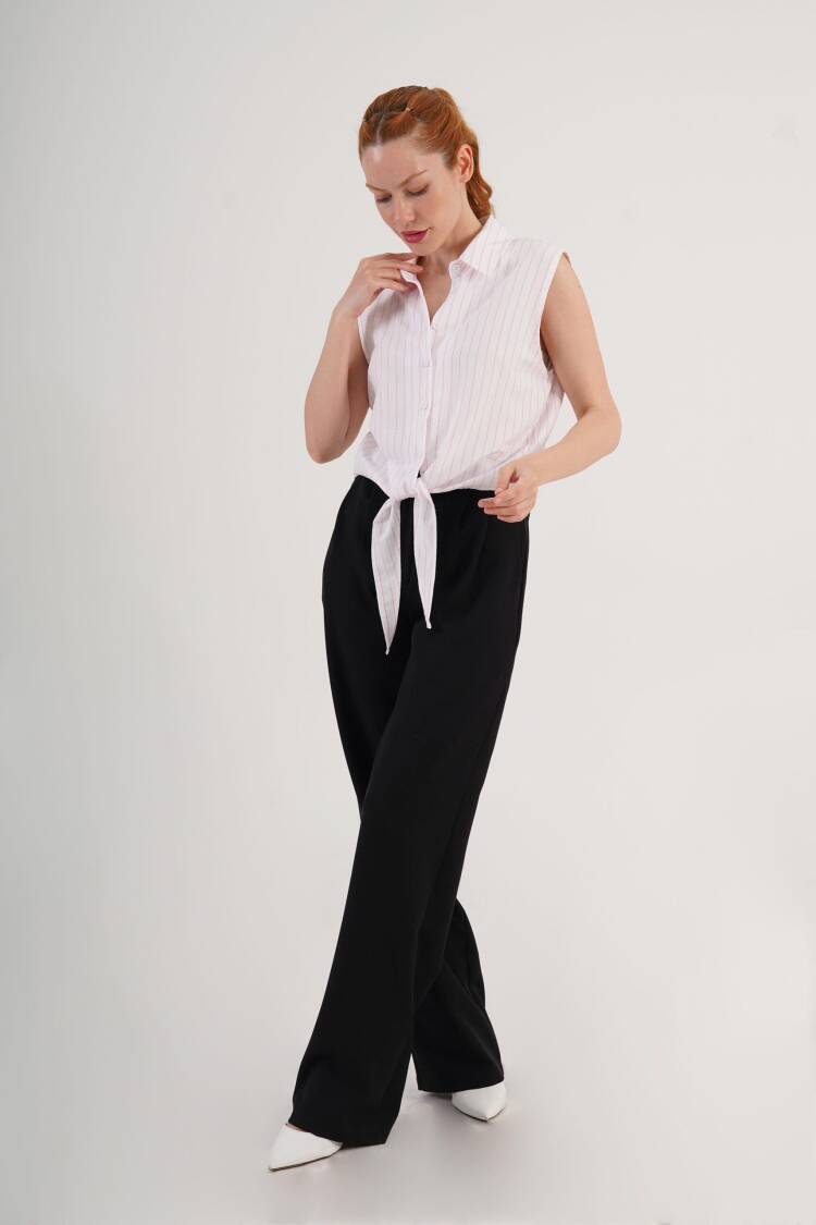White Striped Casual Shirt With Notched Neck