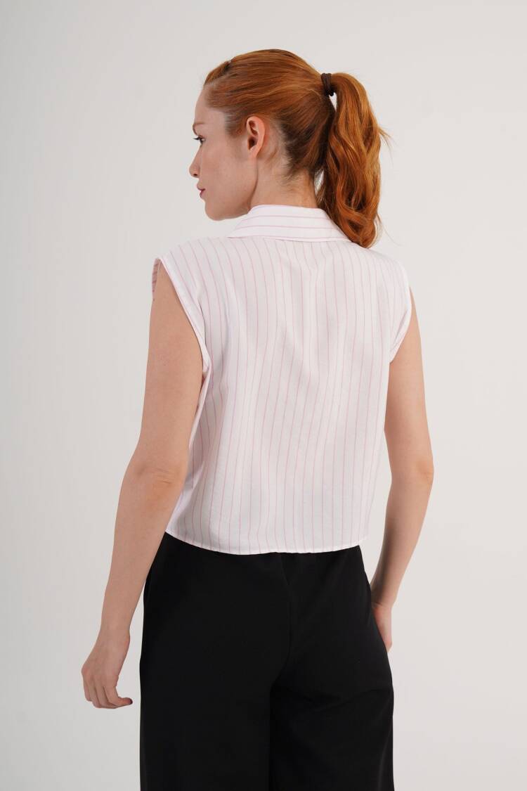White Striped Casual Shirt With Notched Neck