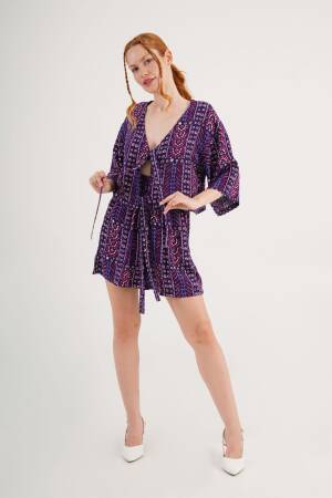 Purple Boho Casual Set With Paper Bag Shorts - Brand: Lustrin - Women's Clothing Wholesale - Globality Store
