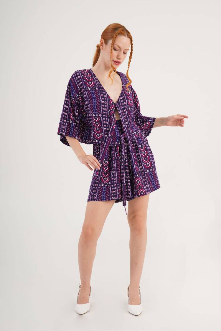 Purple Boho Casual Set With Paper Bag Shorts - Brand: Lustrin - Women's Clothing Wholesale - Globality Store