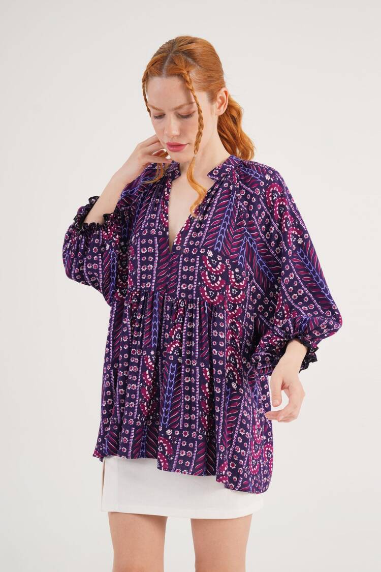 Purple Boho Oversized Ruffle Sleeve Shirt - Brand: Lustrin - Women's Clothing Wholesale - Globality Store